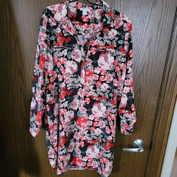 Gorgeous EUC Carolina Belle Red Floral Print Popover Shirt Dress Size XL - Picture 1 of 15